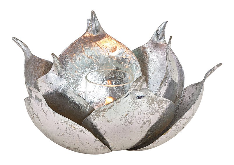 Windlicht Lotus aus Metall, Glas Silber (B/H/T) 20x12x20cm