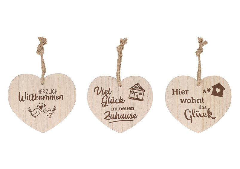 Hanger heart,made of wood, nature, 3-fold (B/H/T) 18x16x1,5cm, Viel Glück im Neuen Zuhause, Herzlich Willkommen, Hier wohnt das Glück