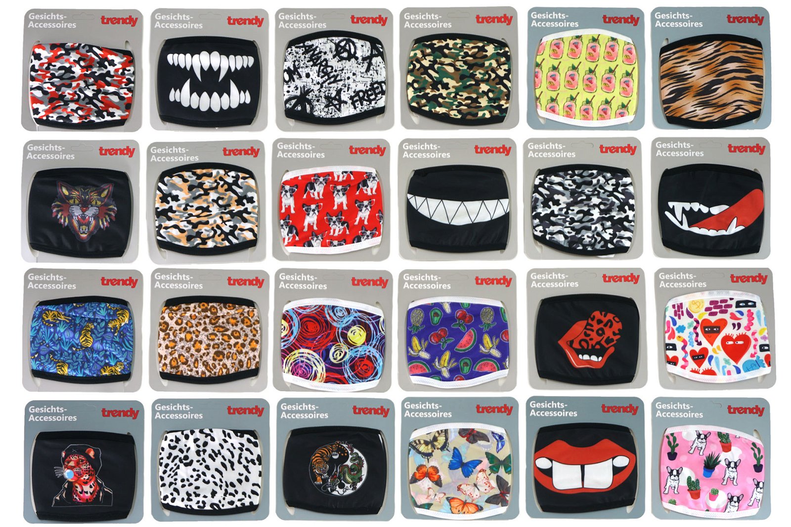 Face mask textile, 100% polyester, washable and reusable, 24 design assorted