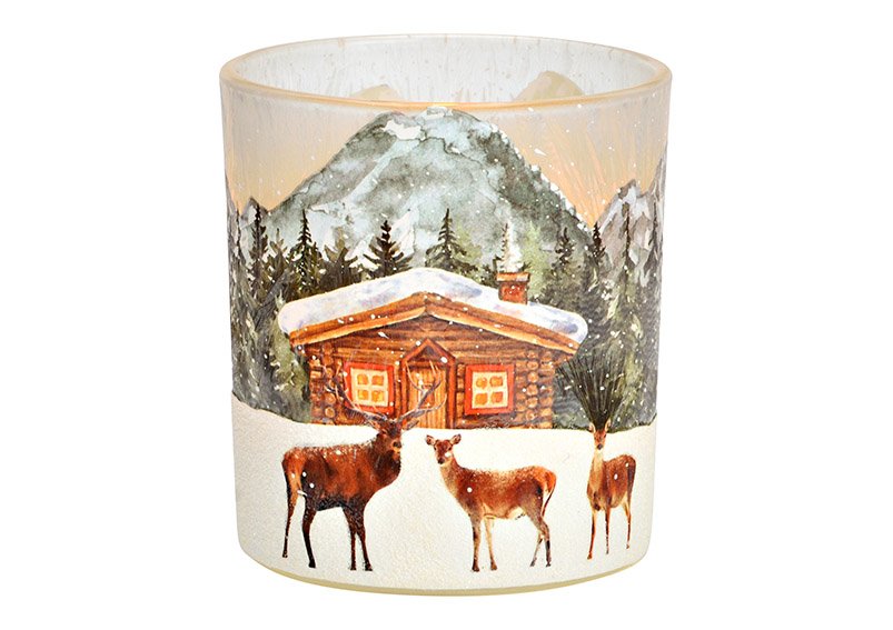 Wind light tea light holder deer winter forest decor made of glass colorful (W/H/D) 7x8x7cm