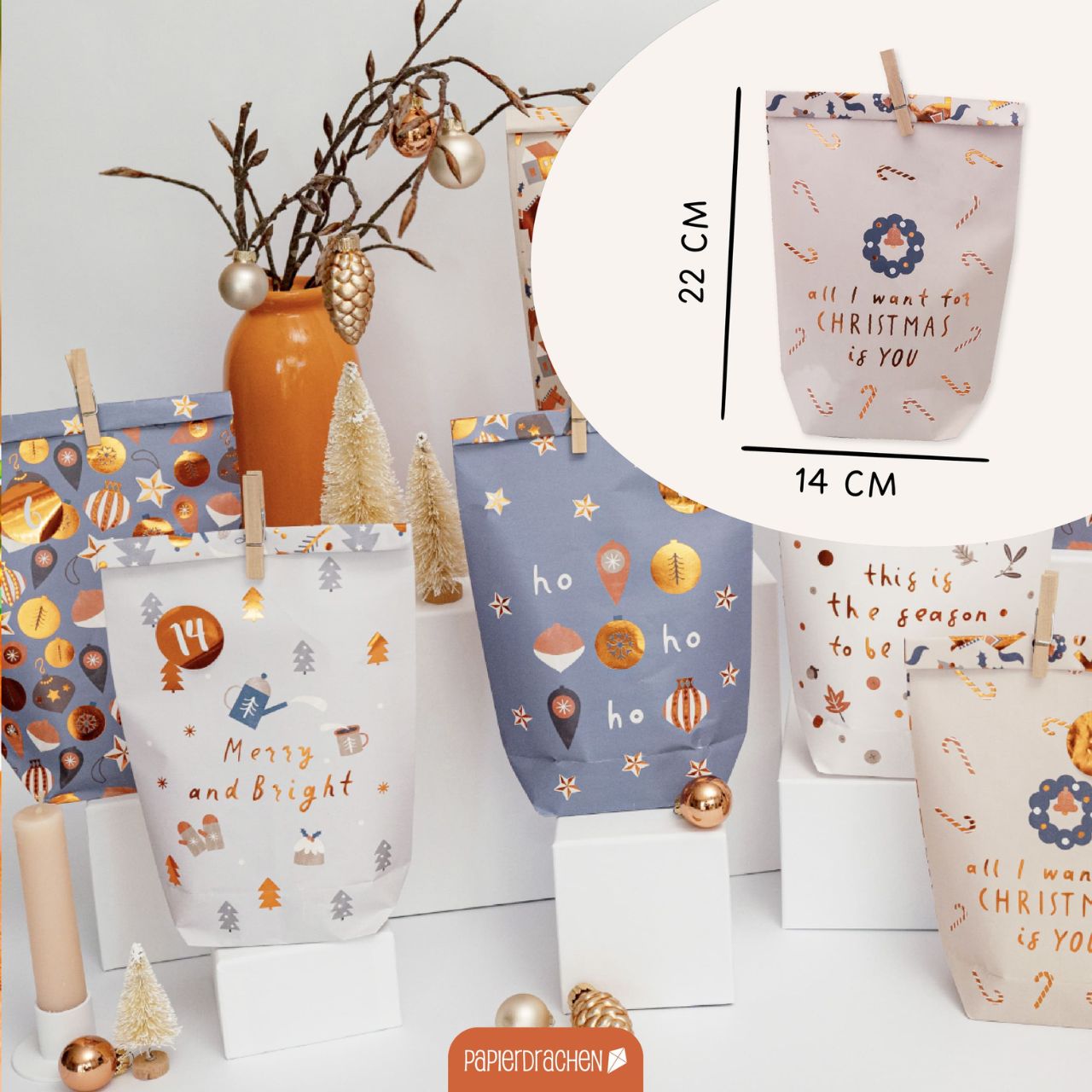 Sacchetti per il calendario dell'Avvento – Hyggewald in carta/cartoncino colorato, set da 24 pezzi (L/A/P) 19x22x2 cm Kunststofftüte, Weihnachtlich, Beutel, Muster, Geschenkverpackung