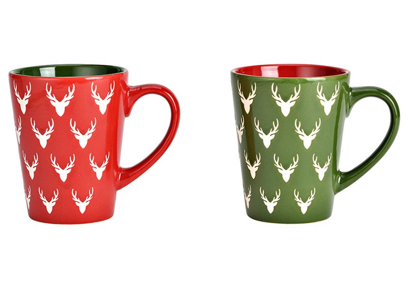 Mug deer head decor, stoneware red, green 2-fold, (W/H/D) 12x11x9cm 360ml