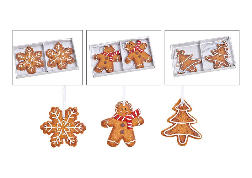 Hanger set coockies, gingerbread man, tree, snowflake 6x6cm poly brown set of 2, 3-ass, 13x7x1cm