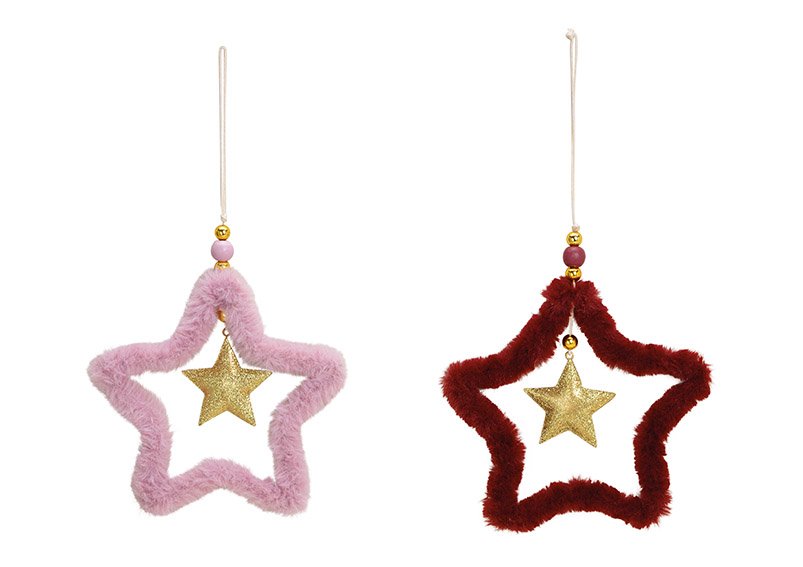 Hanger star metal, plush bordeaux pink 2-asst. 15x18x1cm