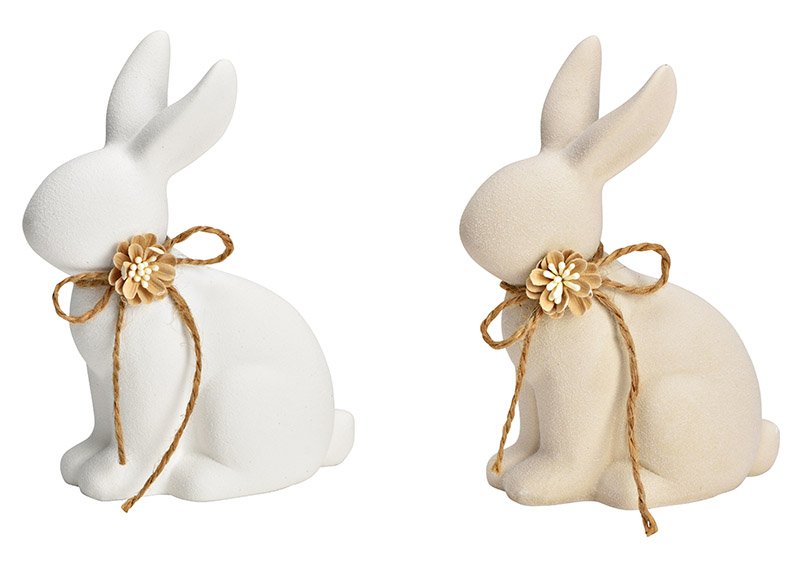 Coniglietto con fiocco in ceramica beige, bianco 2 pieghe, (L/H/D) 12x15x7cm