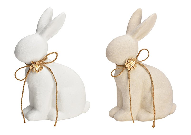 Coniglietto con fiocco in ceramica beige, bianco 2 pieghe, (L/H/D) 14x20x8cm