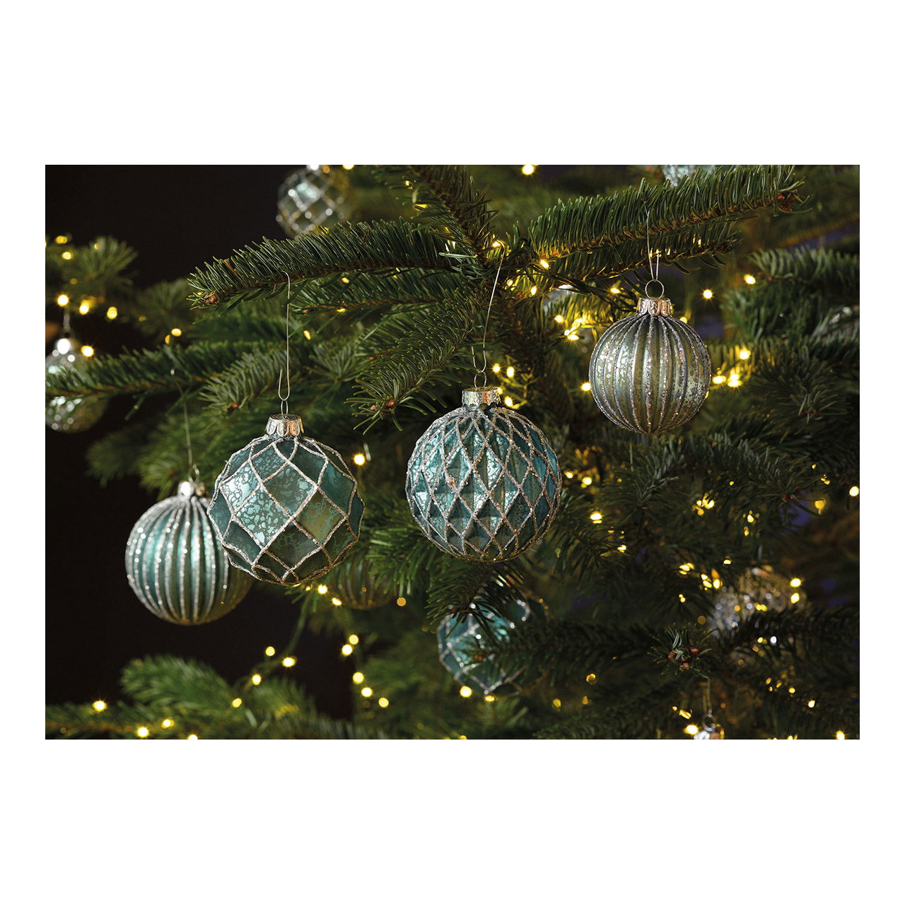Weihnachtskugel Glitter aus Glas, 4-fach, Türkis/Silber Ø6cm Pflanze, Baum, Weihnachtsdekorationen, Festival, Weihnachtsbaum