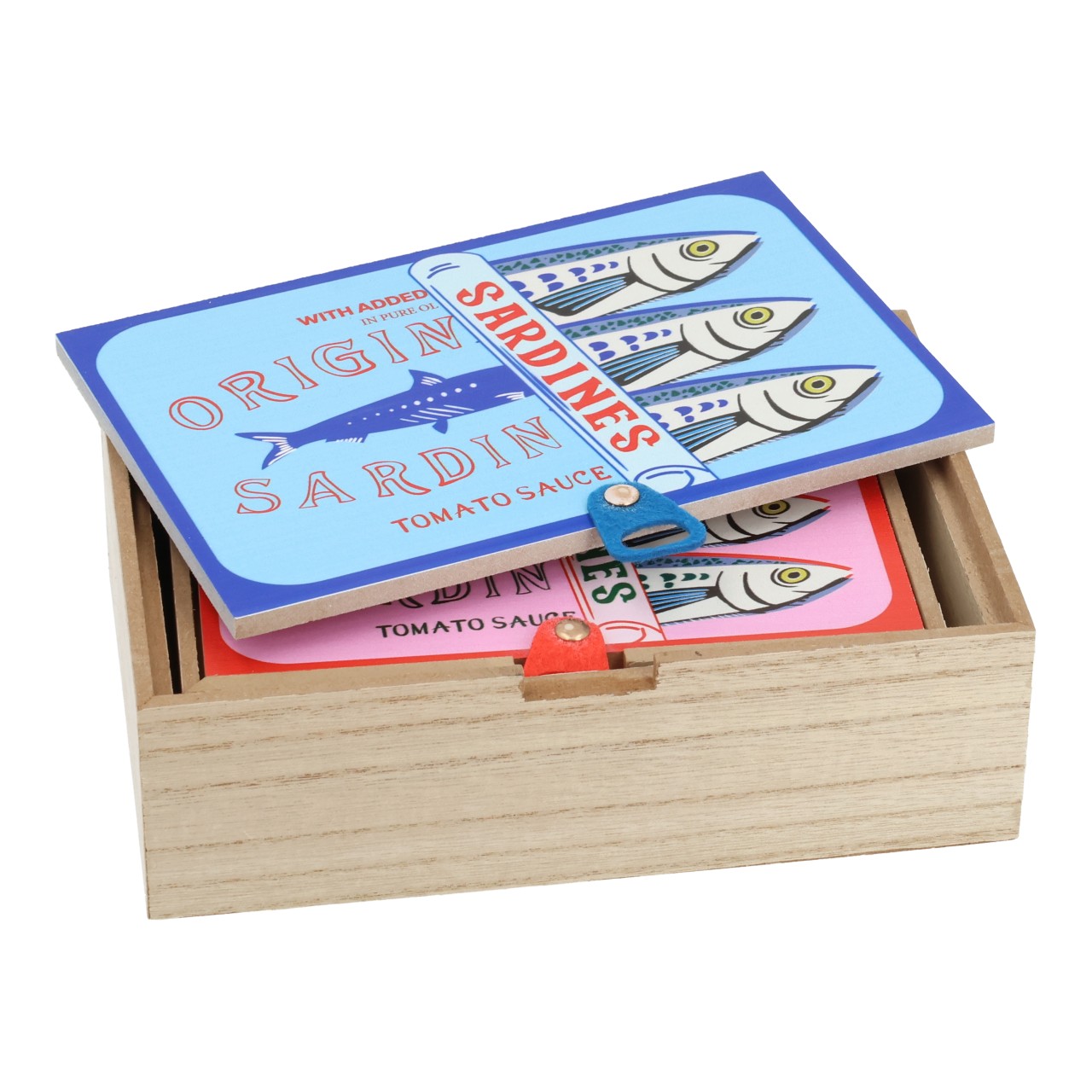 Wooden sardine box blue set of 2 (W/H/D) 20x6x13cm holzbox, konservendose, tomatensauce, sardinen, banderole