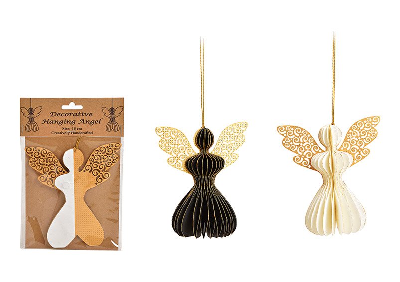 Hanger angel, honeycomb, with gold glitter, paper, black, white, 2 asst. black, white, 4x14x8cm