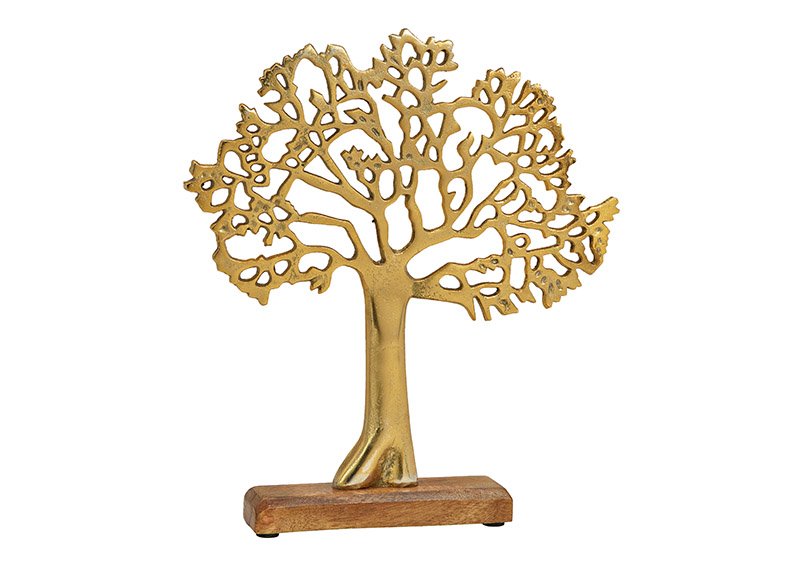 Présentoir arbre en métal sur socle en bois de manguier doré, brun (L/H/P) 30x33x5cm