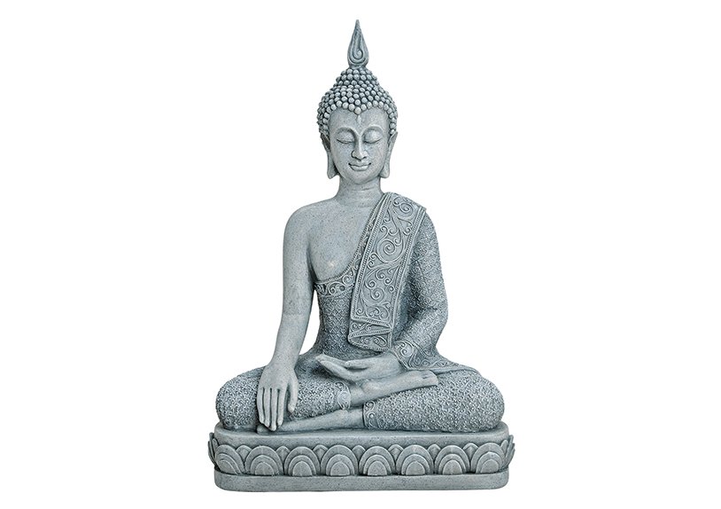Boeddha zittend op sokkel in grijs poly, 39 cm