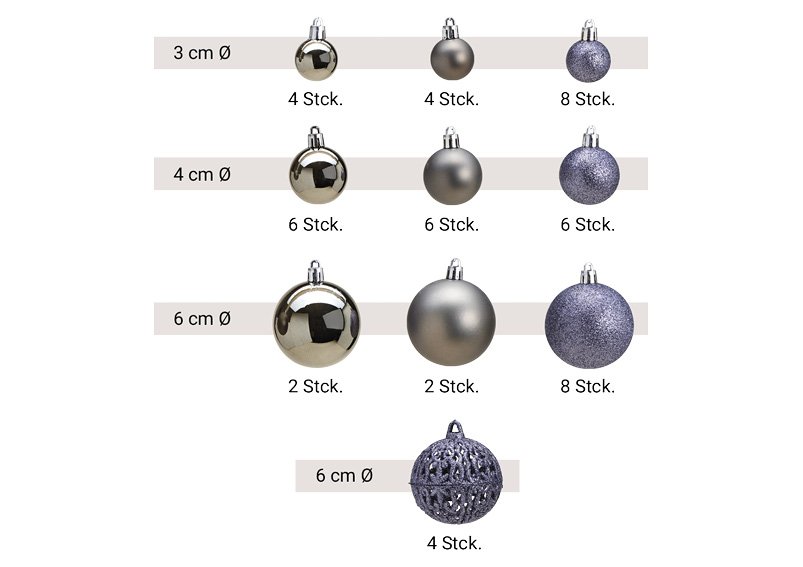 Xmas ball set of 100, plastic,grey, 35x23x12cm ø3/4/6cm