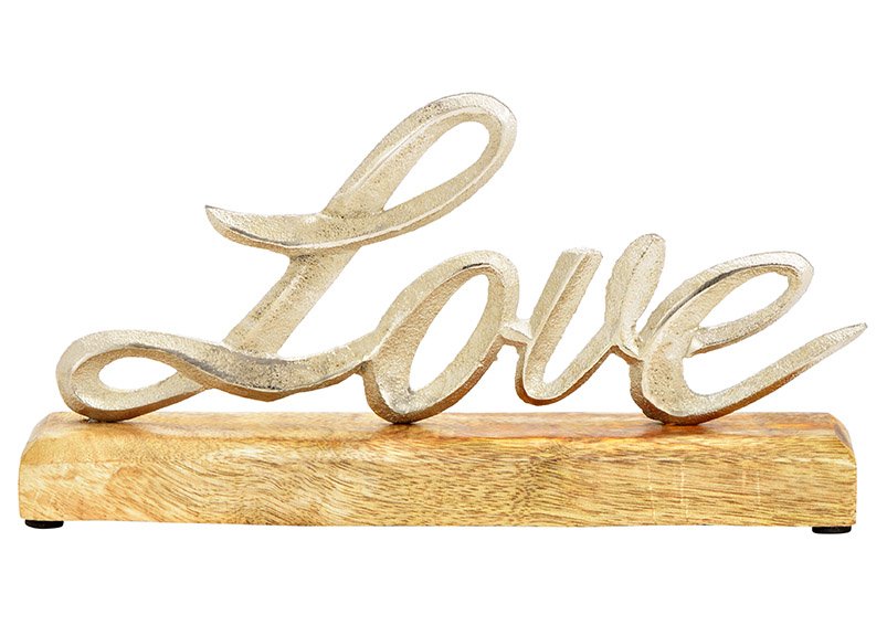 Présentoir écriture, Love, sur socle en bois de manguier, en métal argenté (L/H/P) 25x13x5cm
