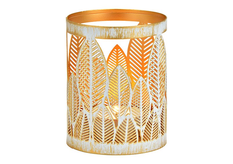 Lantern leaf decor metal White, gold (W/H/D) 10x13x10cm