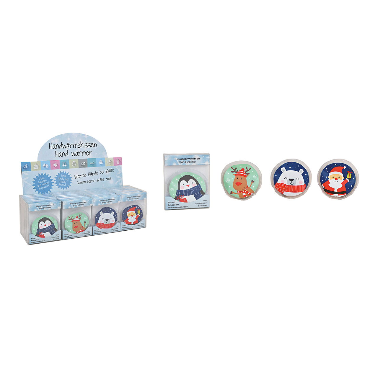 Taschenwärmer Nikolaus, Pinguine,  Elch, Bär aus Kunststoff Bunt 4-fach,  Ø9cm Taschenwärmer Nikolaus, Pinguine,  Elch, Bär aus Kunststoff Bunt 4-fach,  Ø9cm