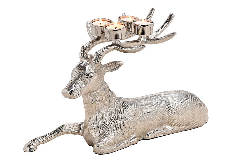 Composizione dell'Avvento, portacandele cervo disteso di alluminio argento (L/H/D) 45x27x18cm