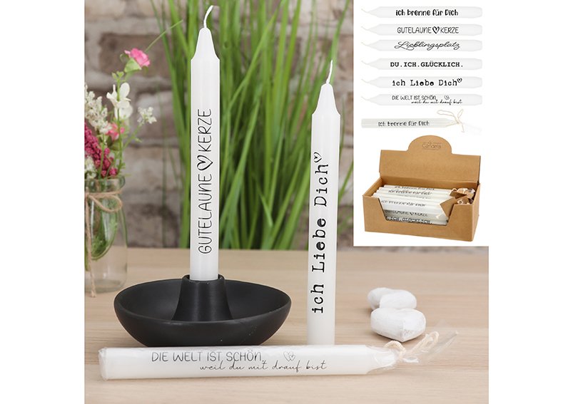 Stick candle with saying, paraffin, made of wax white 6-fold, (W/H/D) 2x19x2cm
