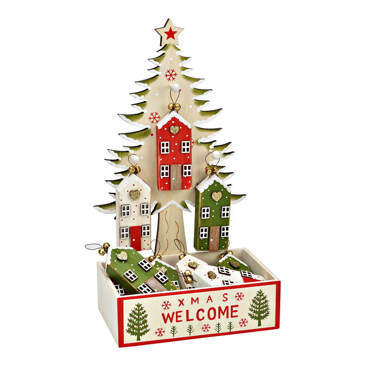 Wooden Christmas hanger house, 3-fold, white/red/green (W/H/D) 4x9x1cm on tree stand (W/H/D)17x31*11cm