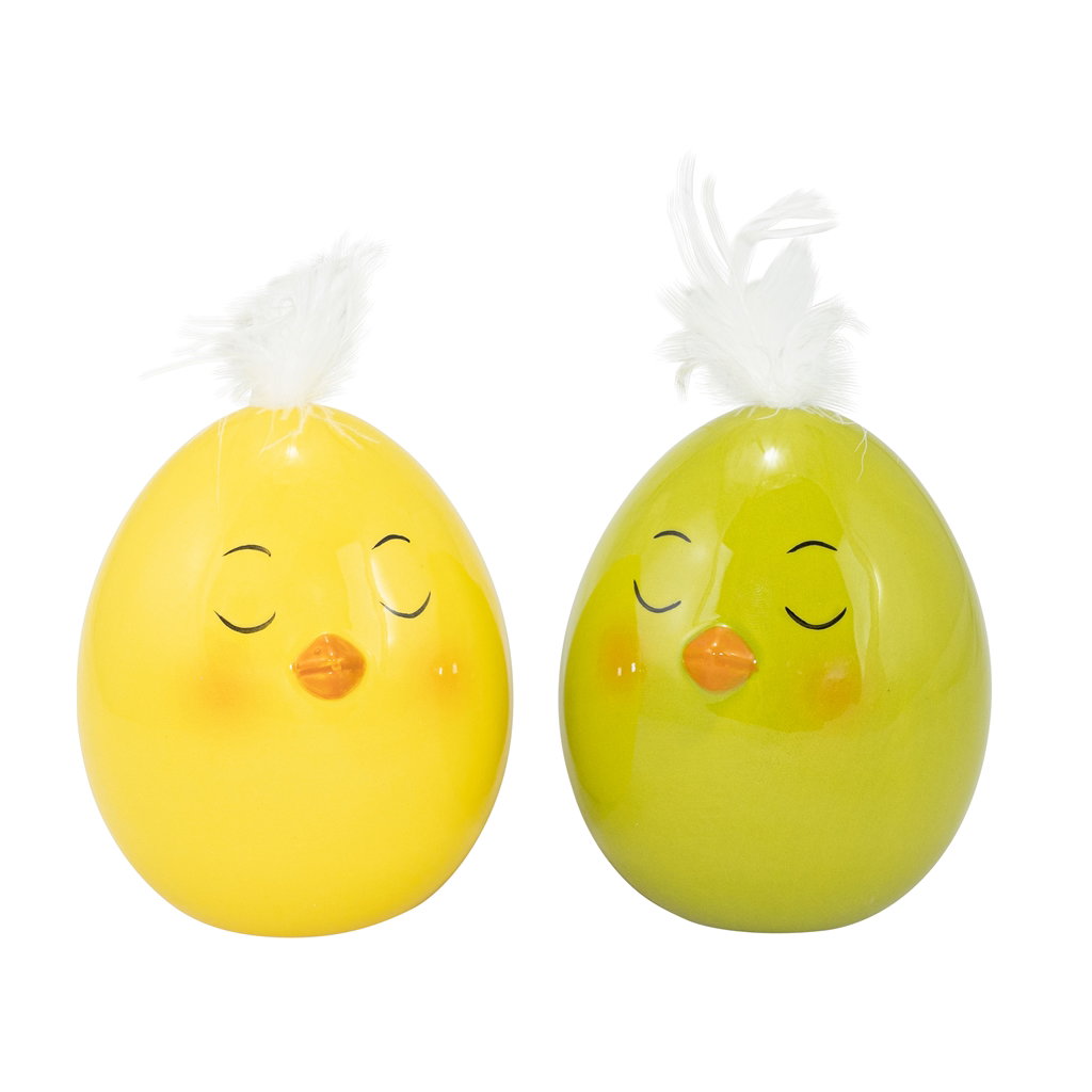 Küken, Eiform, mit Feder, Dolomit, 8x8x9,5cm, 1 Stck, grün/gelb Ei, Essen, Osterei