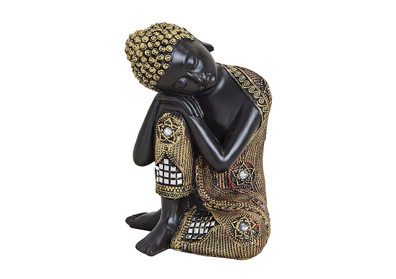 Boeddha in zwart/goud gemaakt van poly, B12 x D12 x H17 cm