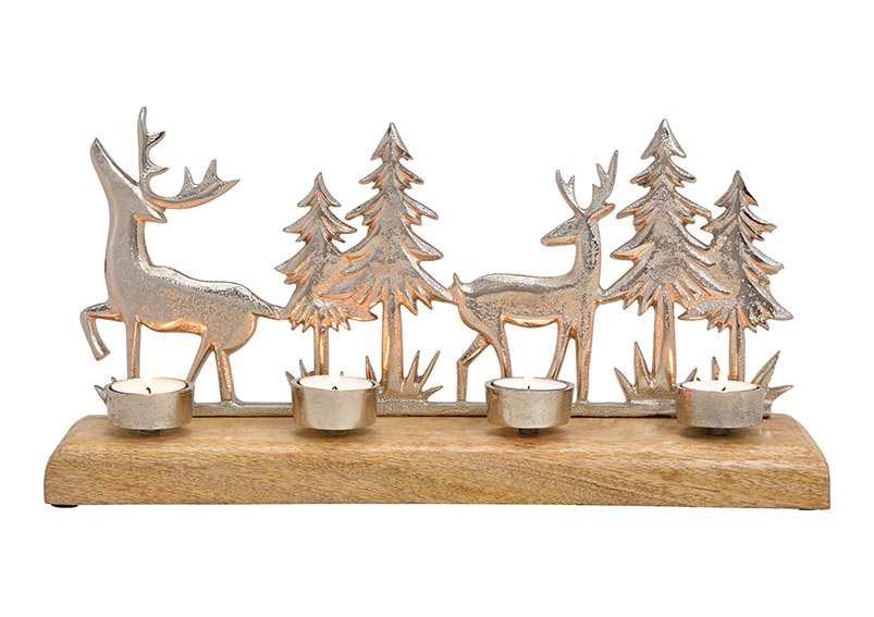 Advent decorations, tealight holder for 4 tealights, winter forest decor made of metal on a wooden base silver (w / h / d) 40x20x10cm