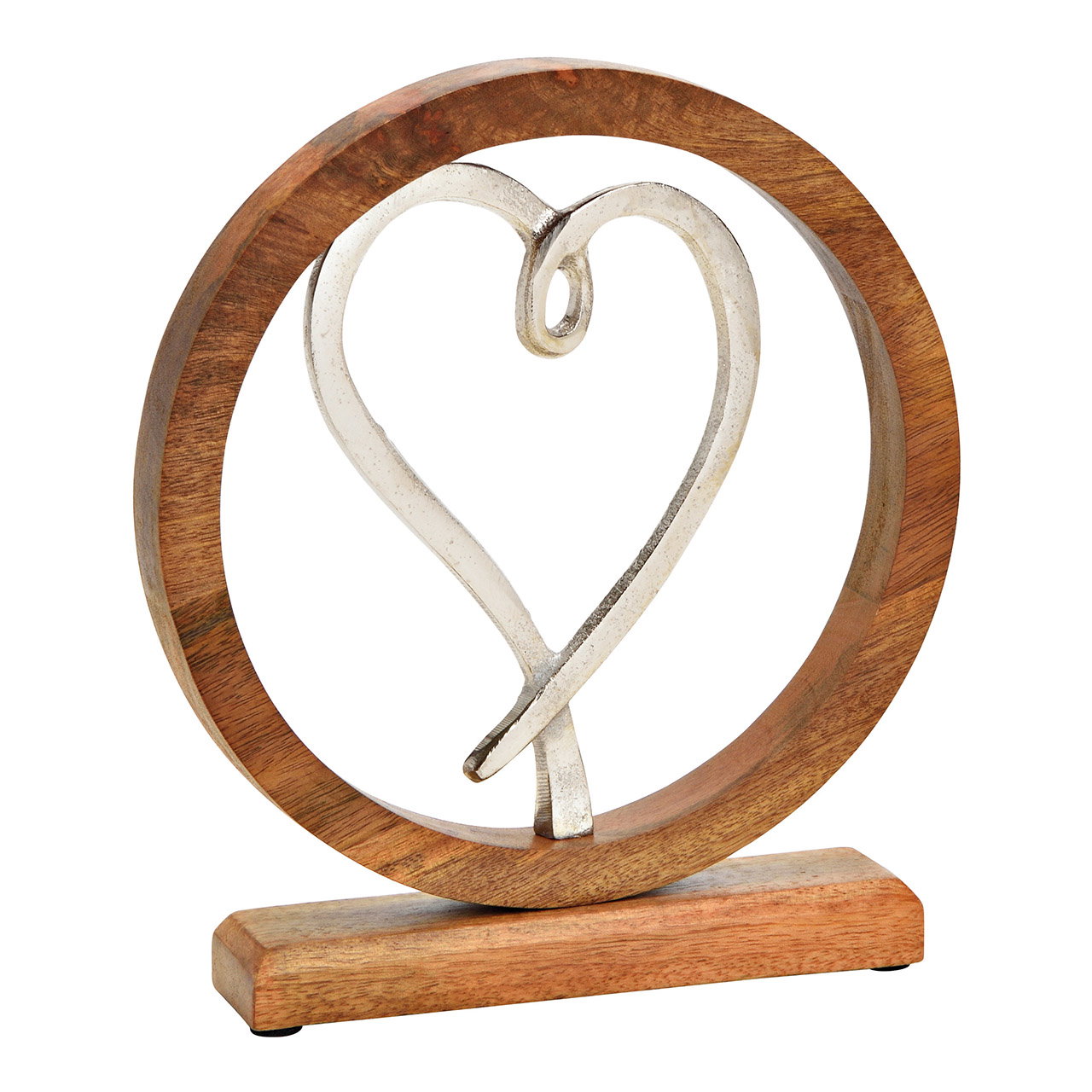 Display stand heart in mango wood silver metal circle (W/H/D) 24x27x5cm Display stand heart in mango wood silver metal circle (W/H/D) 24x27x5cm