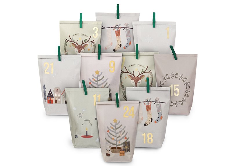 Advent calendar printed bags with green paper/cardboard clips pastel white (W/H/D) 24x21x2cm