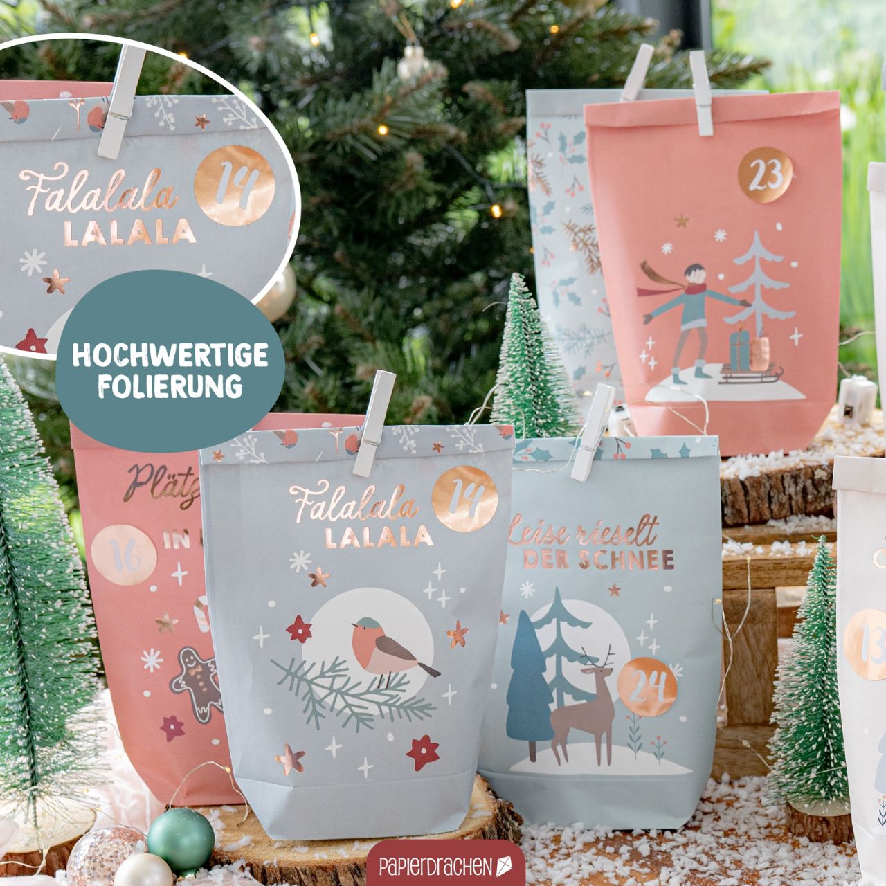 Adventskalender Tüten – Cheerful Christmas aus Papier/Pappe Bunt 24er Set (B/H/T) 21x25x2cm Adventskalender, Geschenkverpackung, Papierbeutel, Winterdeko, Folierung