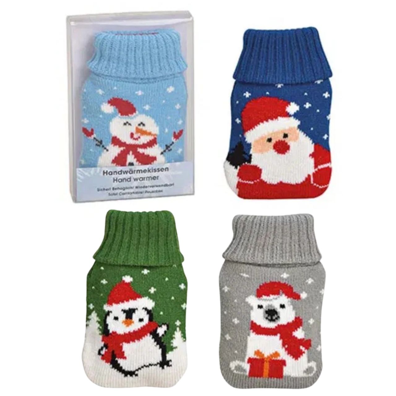 Réchauffeur de poche Père Noël, pingouins, ours, bonhomme de neige Housse tricotée en plastique Coloré 4 fois, (L/H/P) 7x12x1cm Winterkältehandschuhe, Handwärmer, Sockenwärmer, Nähte, Wintermotiven