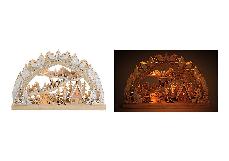 Lights bow, children in winter forest design, with led lights, made of wood, beige color, with glitter, 45x28x8cm