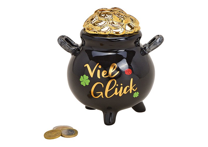 Money box money pot, good luck, made of ceramic black, gold (w / h / d) 13x13x13cm