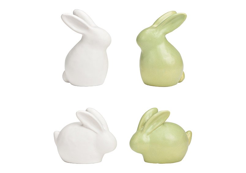 Coniglietto in ceramica verde, bianco opaco 4 pieghe, (L/H/D) 9x13x7cm