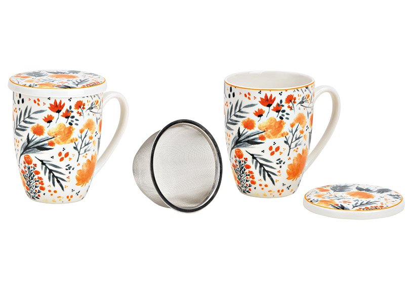 Tea mug flowers decor, with metal strainer porcelain coloured (W/H/D) 12x11x9cm 300ml