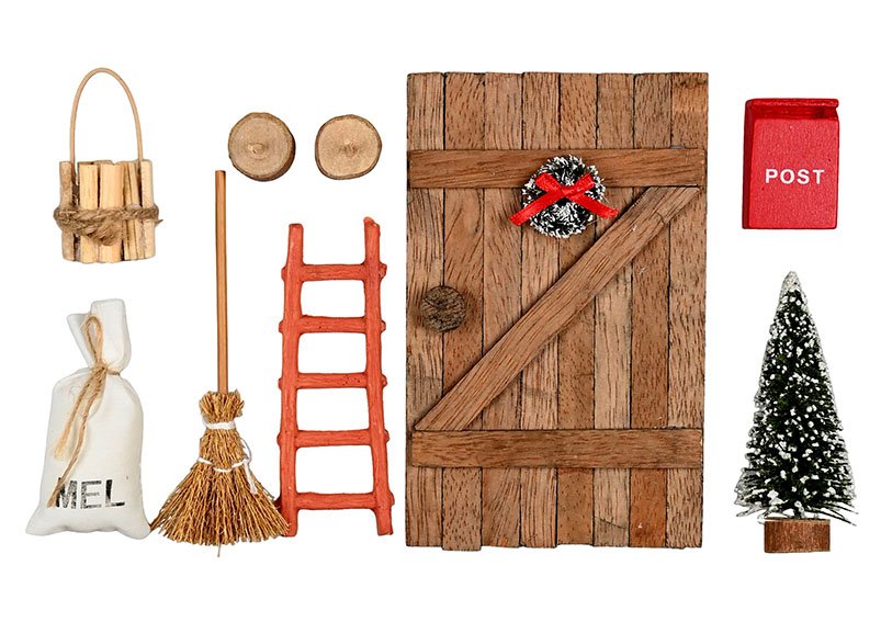 Secret Santa deur display accessoire, Secret Santa deur set met brievenbus, ladder, boom, 2 houten stammen, bezem, emmer, meelzak 9-delige set, gemaakt van bruin poly (B/H/D) 18,5x12,5x7,5cm