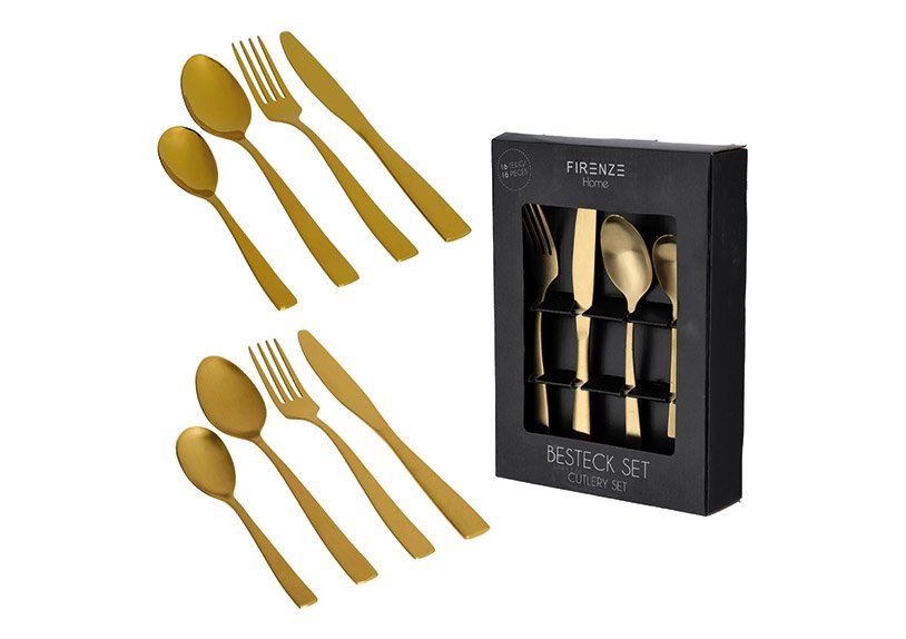 Set di posate, metallo, oro opaco, set di 16, (L/H/D) 17x24x5cm, acciaio inossidabile 430, 4x coltello, forchetta, cucchiaio, cucchiaino da caffè