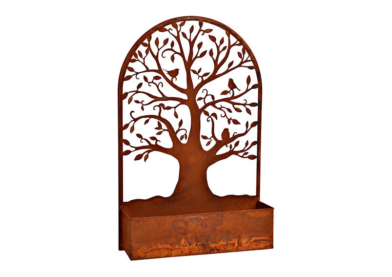 Wall hanger tree decor with flower pot rusty finish, made of metal Brown (W/H/D) 37x60x11cm