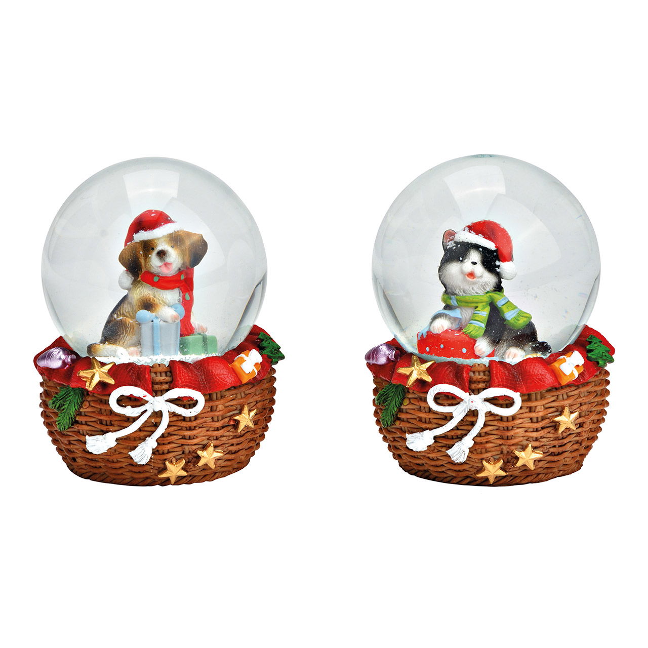 Snow globe dog, cat with Christmas hat made of poly/glass red 2-fold, (W/H/D) 7x9x6cm