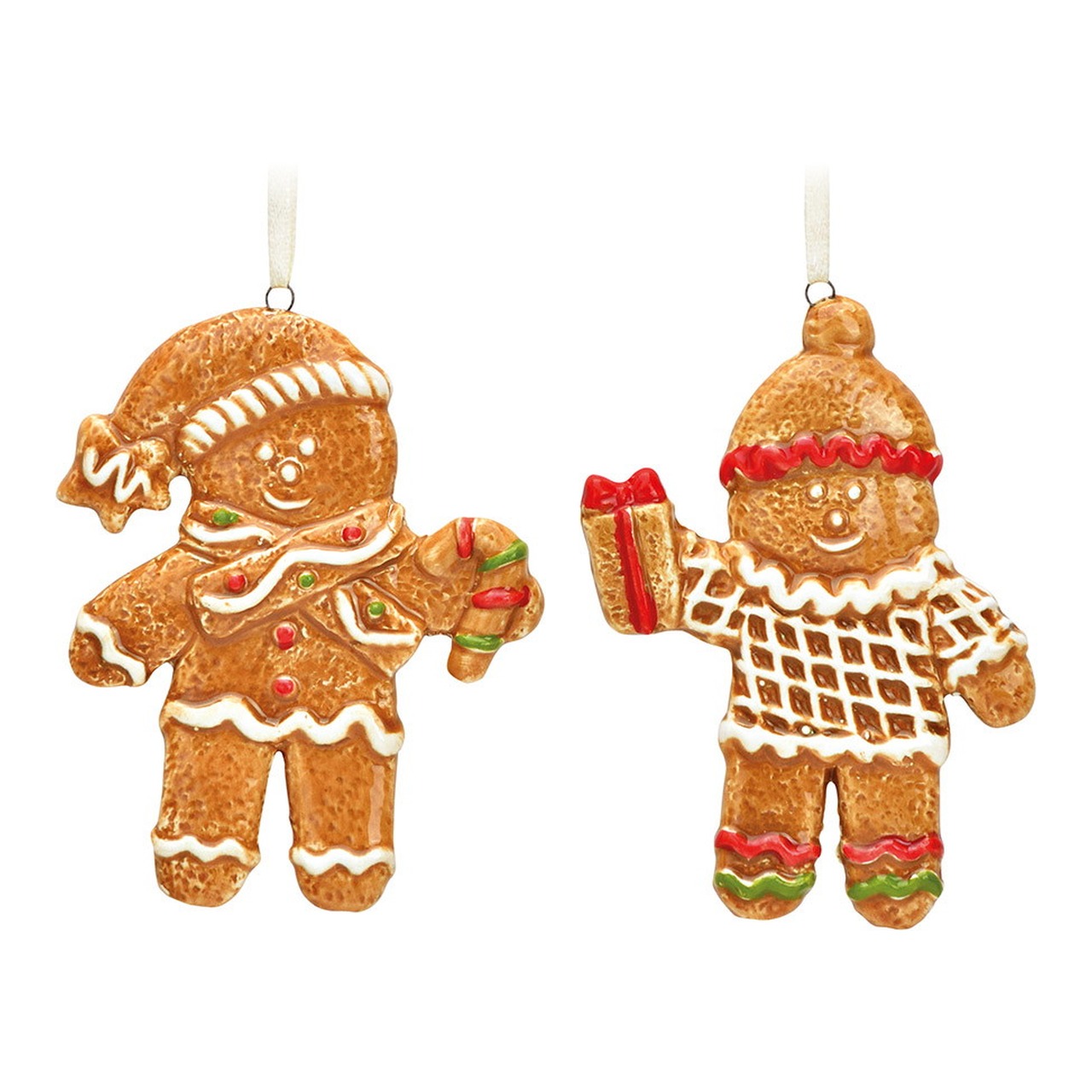 Weihnachtshänger Lebkuchenfigur aus Porzellan, 2-fach, Braun (B/H/T) 7x10x1cm Weihnachtsbaumanhänger, Lebkuchenfiguren, Keramik, braun-weiß, rot-grün
