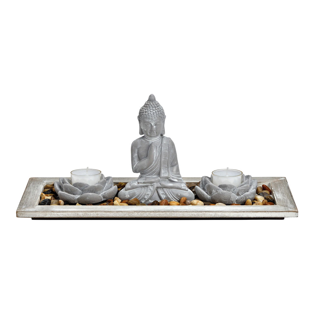 Buddha mit 2 Teelichthaltern, Holztablett, Dekosteine aus Zement grau (B/H/T) 33x14x14cm Buddha mit 2 Teelichthaltern, Holztablett, Dekosteine aus Zement grau (B/H/T) 33x14x14cm