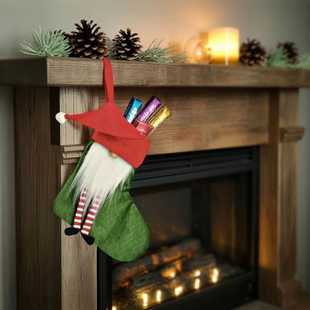 Chaussette de Noël lutin en textile vert, rouge 2 fois, (L/H/P) 18x29x2cm