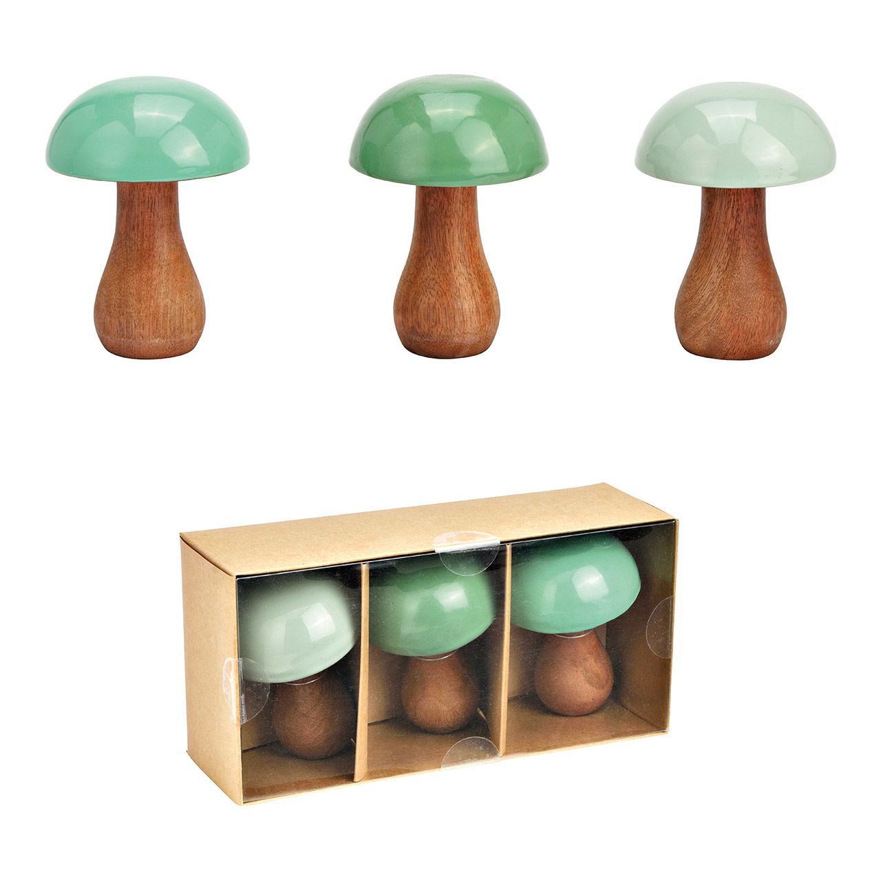 Set di 3 funghi in legno di mango verde (L/H/D) 8x12x8cm