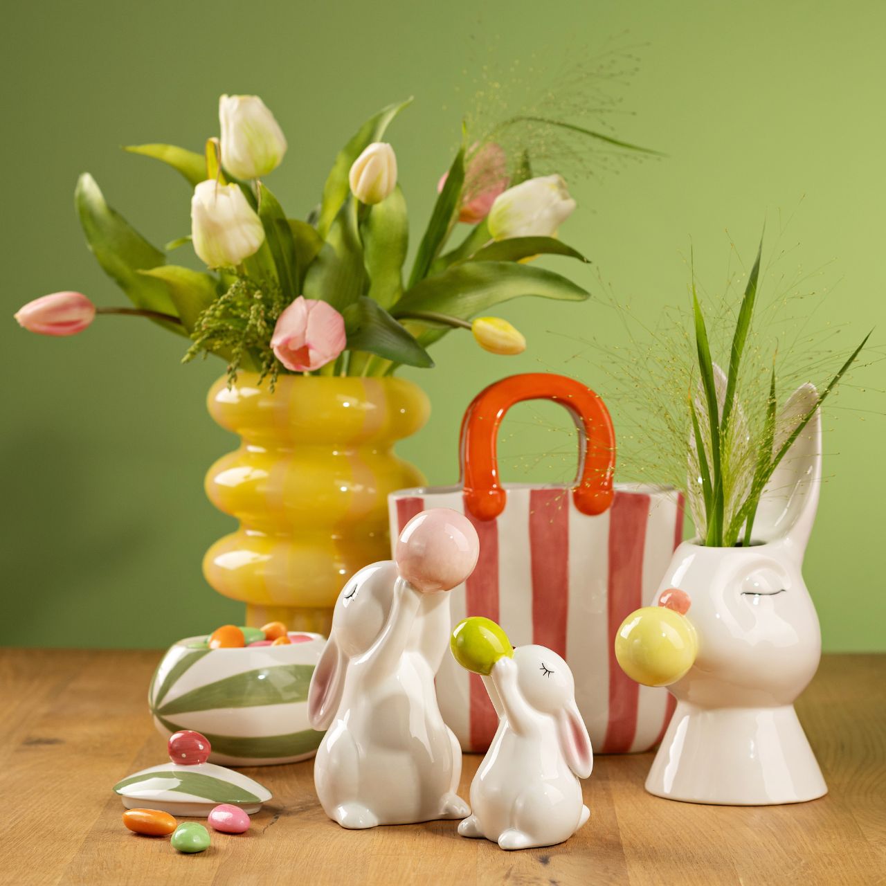 Vasetto per uova in ceramica a righe, 3 pieghe, giallo/verde/rosa (L/H/D) 12x11x9cm Keksdose, Zuckerdose, Keksbehälter, Ton-Glas, Deckel-Stopper