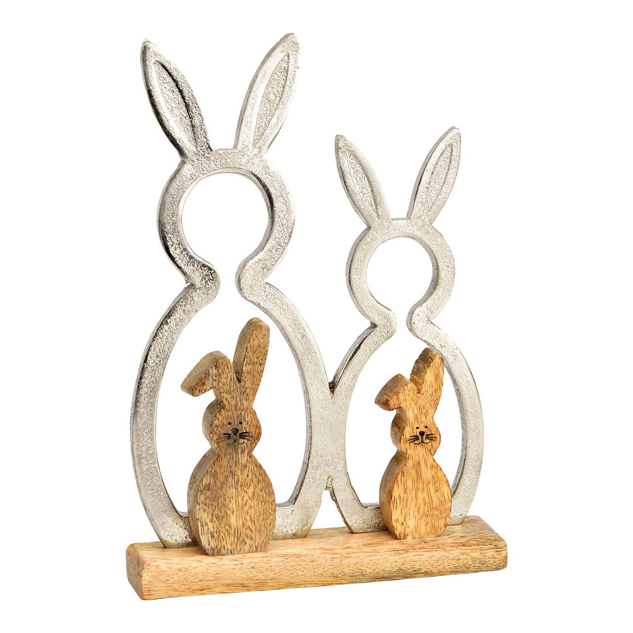 Présentoir famille de lapins en métal argenté sur socle en bois de manguier (L/H/P) 16x24x4cm