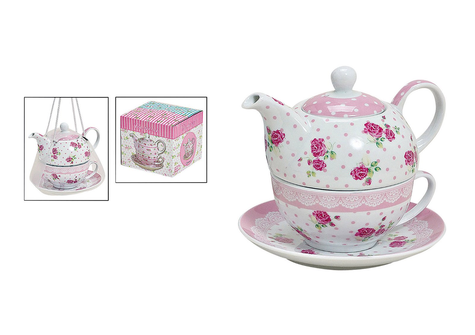 Teekannen-Set mit Tasse+Teller Rose aus Porzellan