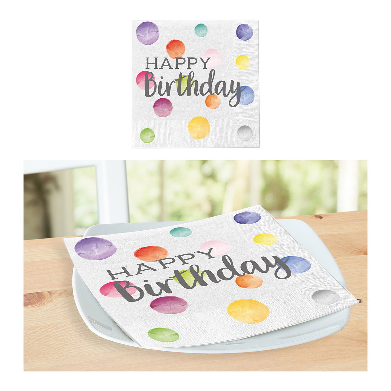Serviettes Happy Birthday points paquet de 20 3 plis en papier/carton blanc (L/H) 33x33cm Serviettes Happy Birthday points paquet de 20 3 plis en papier/carton blanc (L/H) 33x33cm