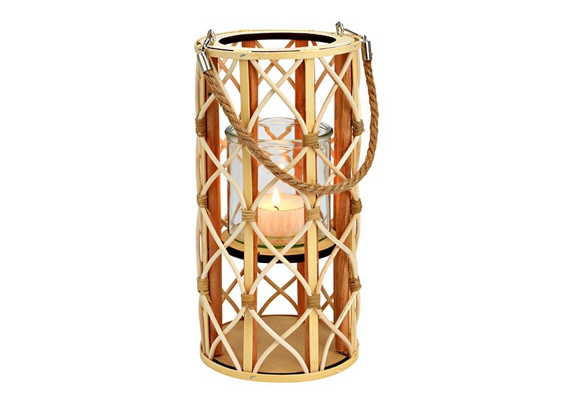 Lantaarn van hout met lantaarn van glas naturel (B/H/D) 15x29x15cm