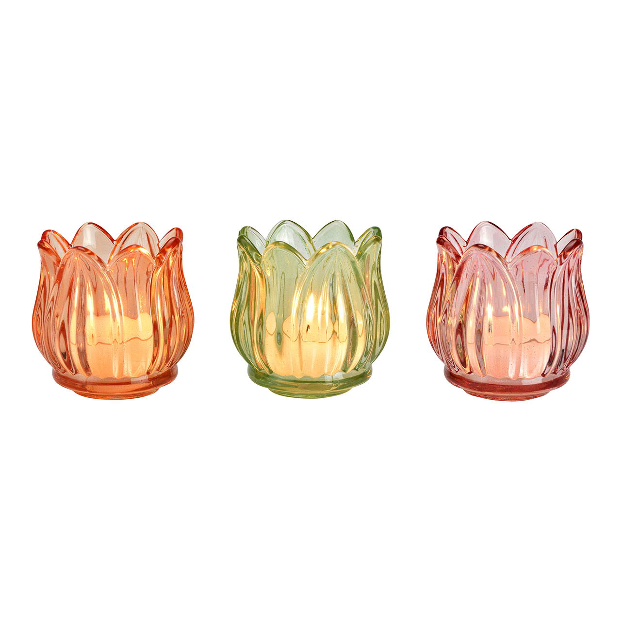 Windlicht Blume aus Glas 3-fach, Pink/Grün/Apricot (B/H/T) 7x7x7cm