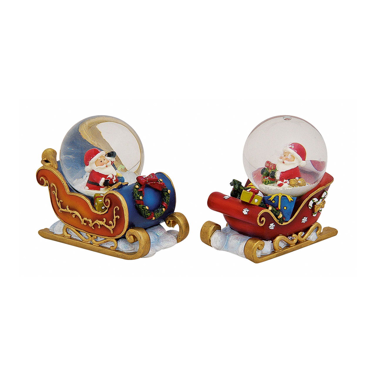 Globo di neve Babbo Natale/slitta di poli, 2 assortiti (L/H/D) 7x7x4 cm