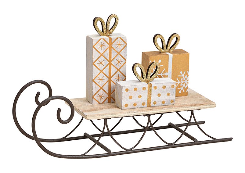 Sleigh with gift pack, wood/metal gold, 22x14x6cm
