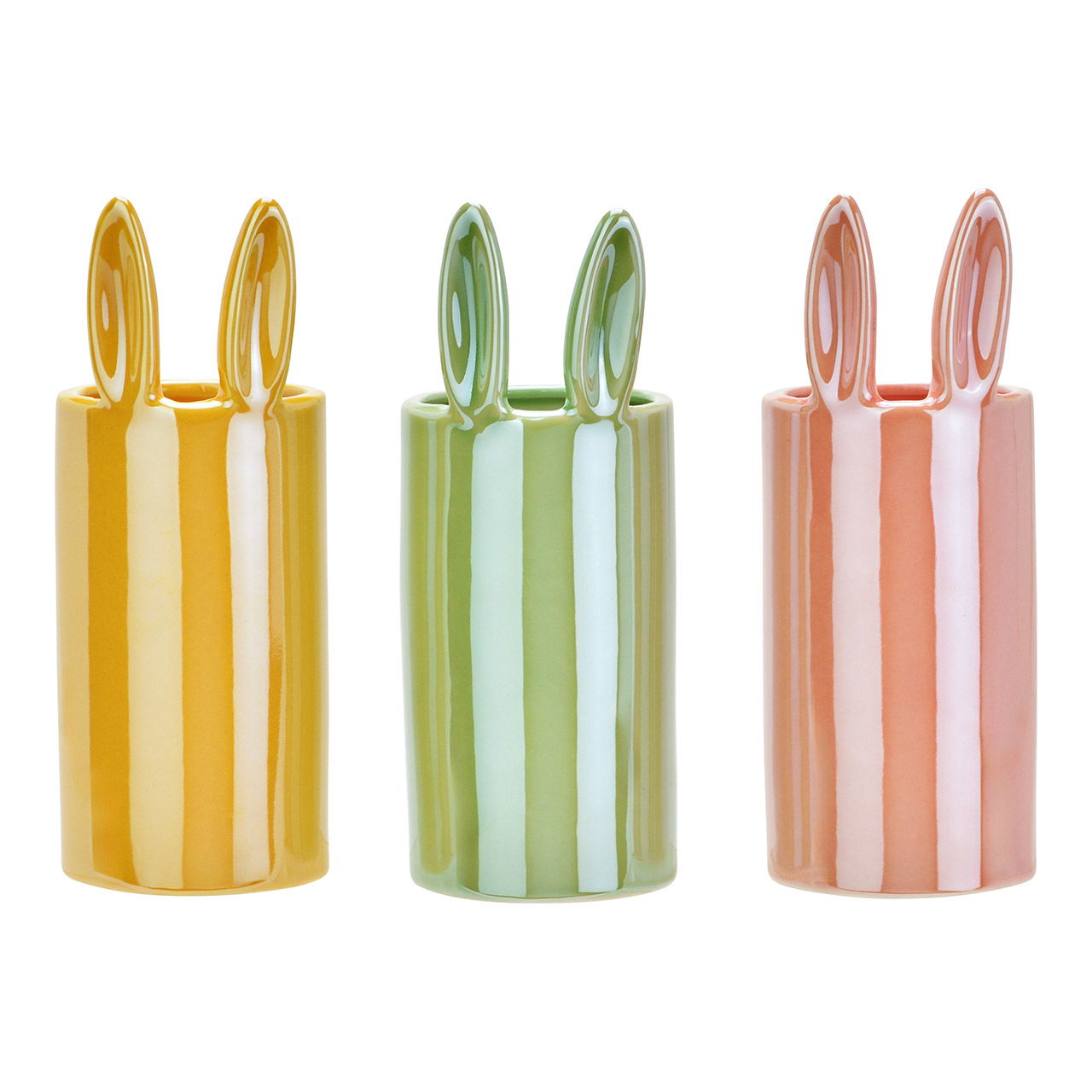 Vase Oreilles de lapin brillant en porcelaine, 3 fois, jaune/rose/vert (L/H/P) 7x17x7cm Besteck, Löffel